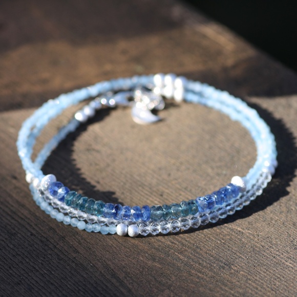 Natural Kyanite, Aquamarine Wrap Bracelet Convertible Necklace Sterling Silver - Picture 7 of 14